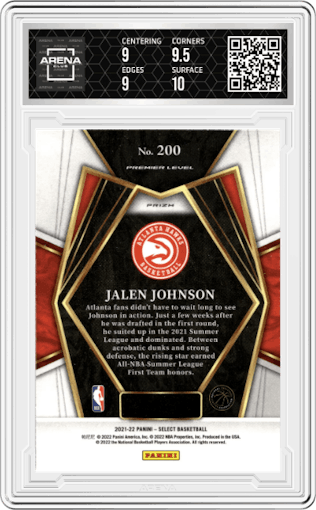 Jalen Johnson from the 2021-22 Panini Select set featuring a Silver Prizm parallel graded by Arena Club and given an overall grade of 9.5.