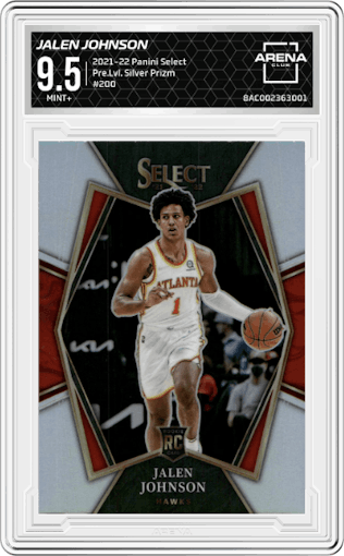 Jalen Johnson from the 2021-22 Panini Select set featuring a Silver Prizm parallel graded by Arena Club and given an overall grade of 9.5.