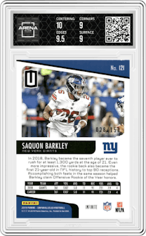 Saquon Barkley from the 2019 Panini Unparalleled set featuring a Infinite parallel graded by Arena Club and given an overall grade of 9.5.