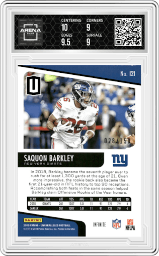 Saquon Barkley from the 2019 Panini Unparalleled set featuring a Infinite parallel graded by Arena Club and given an overall grade of 9.5.