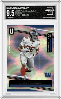 Saquon Barkley from the 2019 Panini Unparalleled set featuring a Infinite parallel graded by Arena Club and given an overall grade of 9.5.