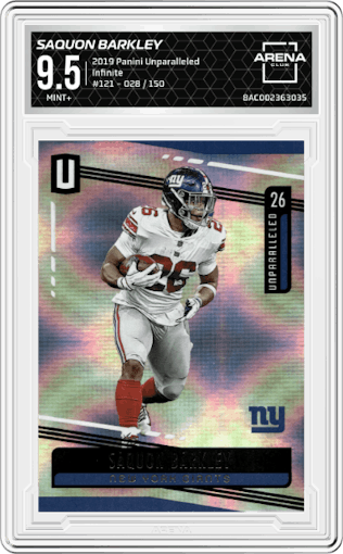 Saquon Barkley from the 2019 Panini Unparalleled set featuring a Infinite parallel graded by Arena Club and given an overall grade of 9.5.