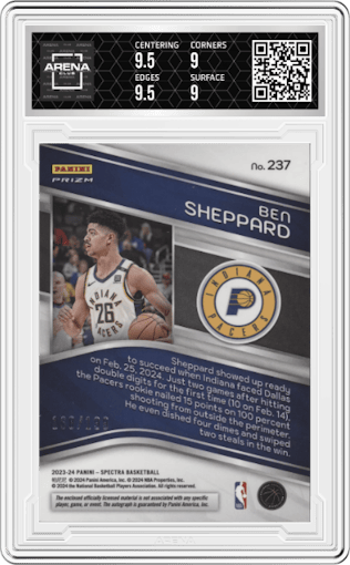 Ben Sheppard from the 2023-24 Panini Spectra set graded by Arena Club and given an overall grade of 9.5.