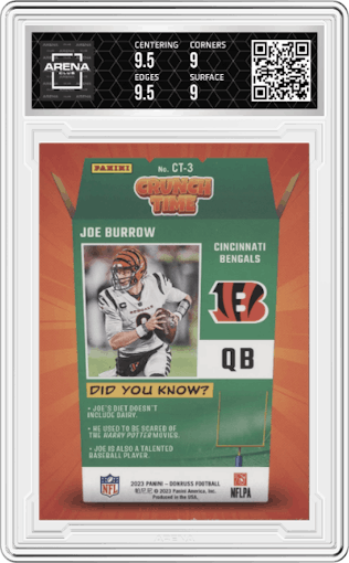 Joe Burrow from the 2023 Panini Donruss set graded by Arena Club and given an overall grade of 9.5.