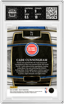 Cade Cunningham from the 2021-22 Panini Select set featuring a Red Wave parallel graded by Arena Club and given an overall grade of 9.