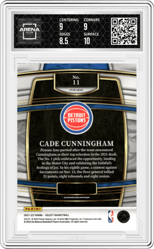 Cade Cunningham from the 2021-22 Panini Select set featuring a Red Wave parallel graded by Arena Club and given an overall grade of 9.