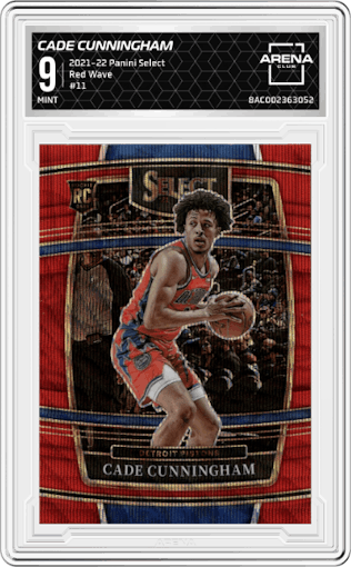Cade Cunningham from the 2021-22 Panini Select set featuring a Red Wave parallel graded by Arena Club and given an overall grade of 9.