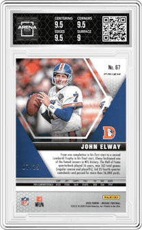 John Elway from the 2020 Panini Mosaic set featuring a Orange Fluorescent parallel graded by Arena Club and given an overall grade of 9.5.
