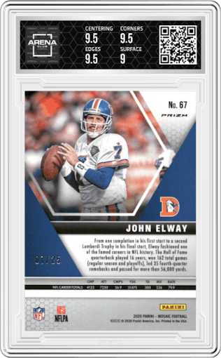 John Elway from the 2020 Panini Mosaic set featuring a Orange Fluorescent parallel graded by Arena Club and given an overall grade of 9.5.