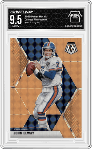 John Elway from the 2020 Panini Mosaic set featuring a Orange Fluorescent parallel graded by Arena Club and given an overall grade of 9.5.