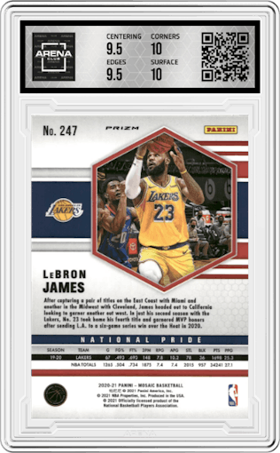 LeBron James from the 2020-21 Panini Mosaic set featuring a Reactive Yellow parallel graded by Arena Club and given an overall grade of 10.