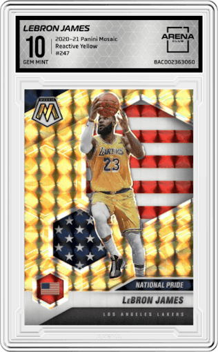 LeBron James from the 2020-21 Panini Mosaic set featuring a Reactive Yellow parallel graded by Arena Club and given an overall grade of 10.