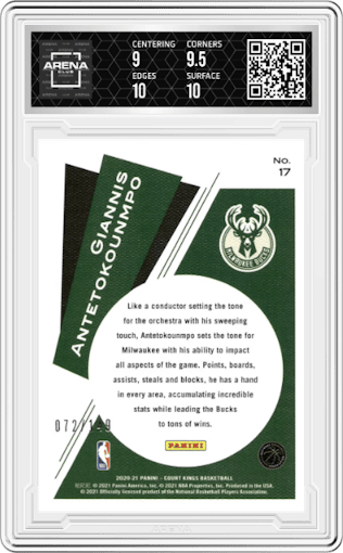 Giannis Antetokounmpo from the 2020-21 Panini Court Kings set featuring a Ruby parallel graded by Arena Club and given an overall grade of 9.5.