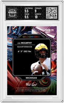 J.J. McCarthy from the 2023 Wild Card Wildchrome Pro-Look set featuring a Green Rainbow parallel graded by Arena Club and given an overall grade of 9.5.