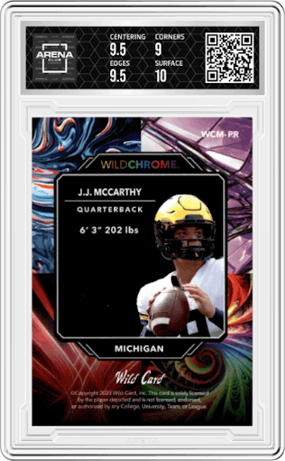 J.J. McCarthy from the 2023 Wild Card Wildchrome Pro-Look set featuring a Green Rainbow parallel graded by Arena Club and given an overall grade of 9.5.