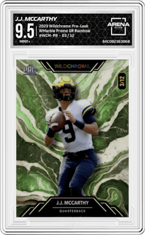 J.J. McCarthy from the 2023 Wild Card Wildchrome Pro-Look set featuring a Green Rainbow parallel graded by Arena Club and given an overall grade of 9.5.