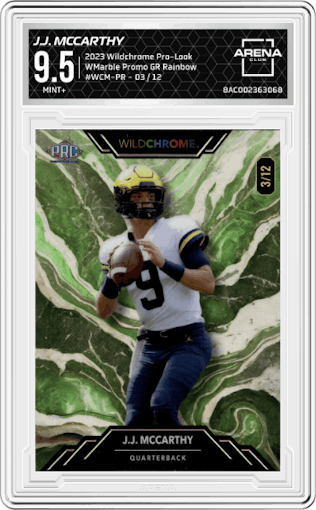 J.J. McCarthy from the 2023 Wild Card Wildchrome Pro-Look set featuring a Green Rainbow parallel graded by Arena Club and given an overall grade of 9.5.