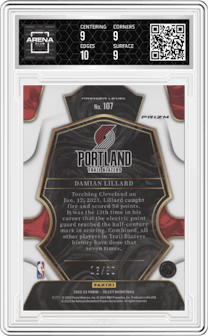 Damian Lillard from the 2022-23 Panini Select set featuring a Green Wave parallel graded by Arena Club and given an overall grade of 9.5.