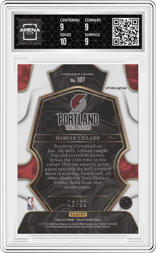 Damian Lillard from the 2022-23 Panini Select set featuring a Green Wave parallel graded by Arena Club and given an overall grade of 9.5.