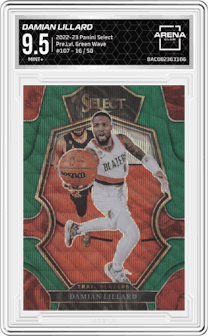 Damian Lillard from the 2022-23 Panini Select set featuring a Green Wave parallel graded by Arena Club and given an overall grade of 9.5.