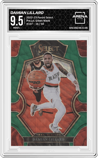 Damian Lillard from the 2022-23 Panini Select set featuring a Green Wave parallel graded by Arena Club and given an overall grade of 9.5.