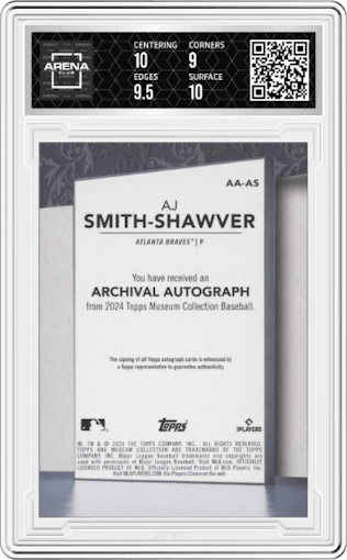 AJ Smith-Shawver from the 2024 Topps Museum Collection set graded by Arena Club and given an overall grade of 9.5.