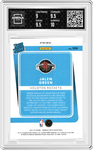 Jalen Green from the 2021-22 Panini Donruss Optic set featuring a Target Box Set parallel graded by Arena Club and given an overall grade of 9.5.