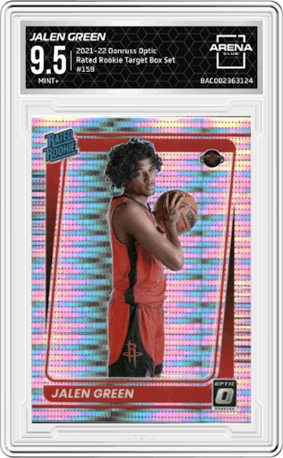 Jalen Green from the 2021-22 Panini Donruss Optic set featuring a Target Box Set parallel graded by Arena Club and given an overall grade of 9.5.