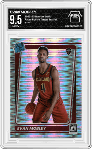 Evan Mobley
 from the 2021-22 Panini Donruss Optic set featuring a Target Box Set parallel graded by Arena Club and given an overall grade of 9.5.