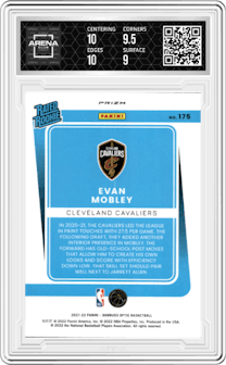 Evan Mobley
 from the 2021-22 Panini Donruss Optic set featuring a Target Box Set parallel graded by Arena Club and given an overall grade of 9.5.