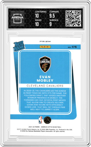 Evan Mobley
 from the 2021-22 Panini Donruss Optic set featuring a Target Box Set parallel graded by Arena Club and given an overall grade of 9.5.