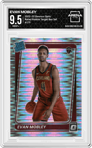 Evan Mobley
 from the 2021-22 Panini Donruss Optic set featuring a Target Box Set parallel graded by Arena Club and given an overall grade of 9.5.