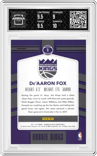De'Aaron Fox from the 2017-18 Panini Donruss Optic set featuring a Holo parallel graded by Arena Club and given an overall grade of 9.5.