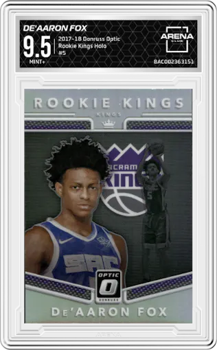 De'Aaron Fox from the 2017-18 Panini Donruss Optic set featuring a Holo parallel graded by Arena Club and given an overall grade of 9.5.