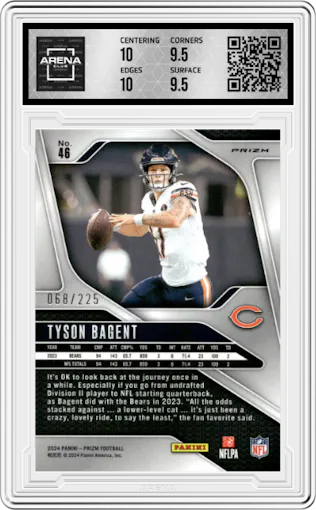 Tyson Bagent from the 2024 Panini Prizm set featuring a Purple Ice parallel graded by Arena Club and given an overall grade of 10.