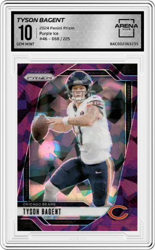 Tyson Bagent from the 2024 Panini Prizm set featuring a Purple Ice parallel graded by Arena Club and given an overall grade of 10.