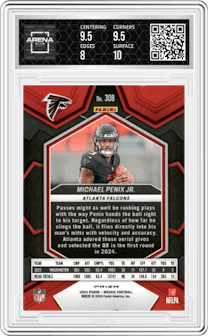 Michael Penix Jr. from the 2024 Panini Mosaic set featuring a Mosaic parallel graded by Arena Club and given an overall grade of 8.5.