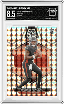 Michael Penix Jr. from the 2024 Panini Mosaic set featuring a Mosaic parallel graded by Arena Club and given an overall grade of 8.5.