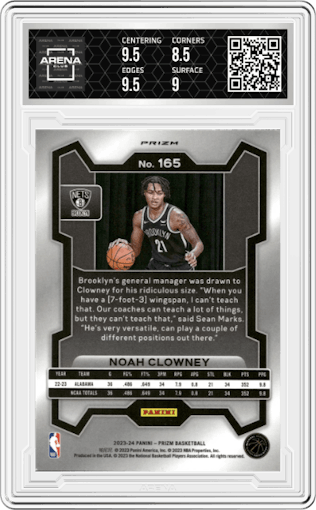 Noah Clowney from the 2023-24 Panini Prizm set featuring a Silver Prizm  parallel graded by Arena Club and given an overall grade of 9.
