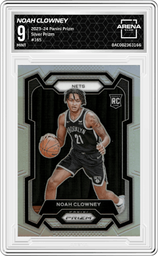 Noah Clowney from the 2023-24 Panini Prizm set featuring a Silver Prizm  parallel graded by Arena Club and given an overall grade of 9.