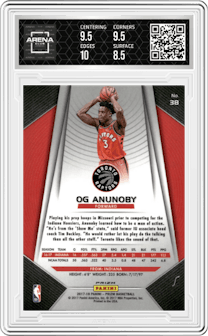 OG Anunoby from the 2017-18 Panini Prizm  set featuring a Silver Prizm parallel graded by Arena Club and given an overall grade of 9.