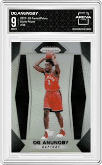 OG Anunoby from the 2017-18 Panini Prizm  set featuring a Silver Prizm parallel graded by Arena Club and given an overall grade of 9.