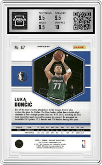 Luka Doncic from the 2020-21 Panini Mosaic set featuring a Red Mosaic parallel graded by Arena Club and given an overall grade of 10.