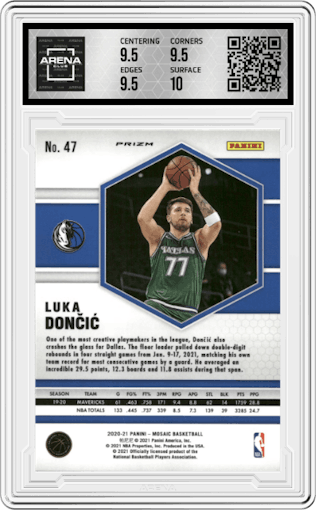 Luka Doncic from the 2020-21 Panini Mosaic set featuring a Red Mosaic parallel graded by Arena Club and given an overall grade of 10.