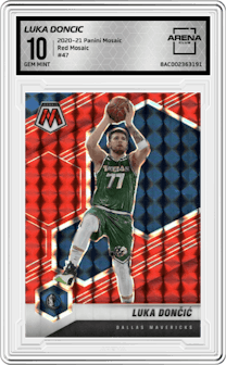 Luka Doncic from the 2020-21 Panini Mosaic set featuring a Red Mosaic parallel graded by Arena Club and given an overall grade of 10.