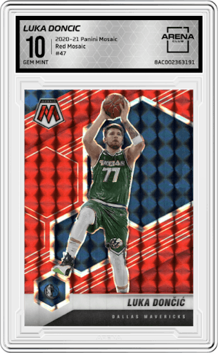 Luka Doncic from the 2020-21 Panini Mosaic set featuring a Red Mosaic parallel graded by Arena Club and given an overall grade of 10.
