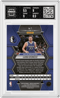 Luka Doncic from the 2022-23 Panini Mosaic set featuring a Red Mosaic parallel graded by Arena Club and given an overall grade of 9.