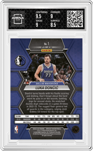 Luka Doncic from the 2022-23 Panini Mosaic set featuring a Red Mosaic parallel graded by Arena Club and given an overall grade of 9.