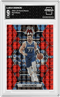 Luka Doncic from the 2022-23 Panini Mosaic set featuring a Red Mosaic parallel graded by Arena Club and given an overall grade of 9.