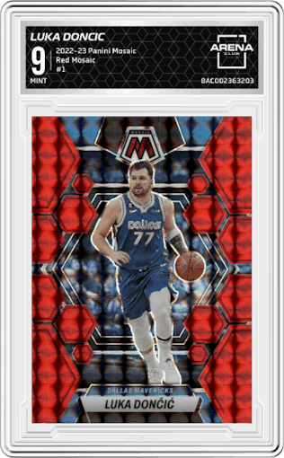 Luka Doncic from the 2022-23 Panini Mosaic set featuring a Red Mosaic parallel graded by Arena Club and given an overall grade of 9.